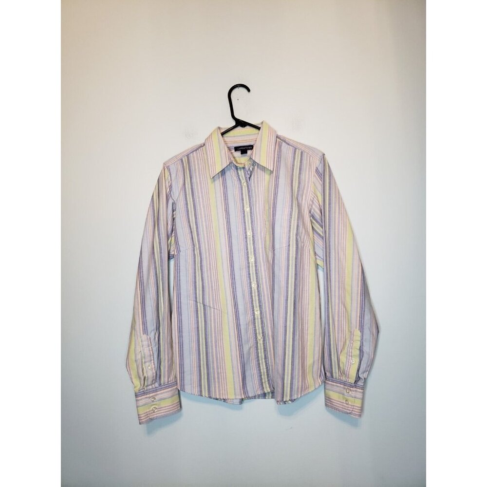 Lands End Womens M 10-12 Shirt Button Front Long Sleeve Stripe Pastel Cotton